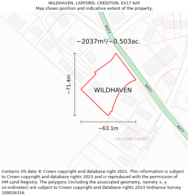 WILDHAVEN, LAPFORD, CREDITON, EX17 6AF: Plot and title map