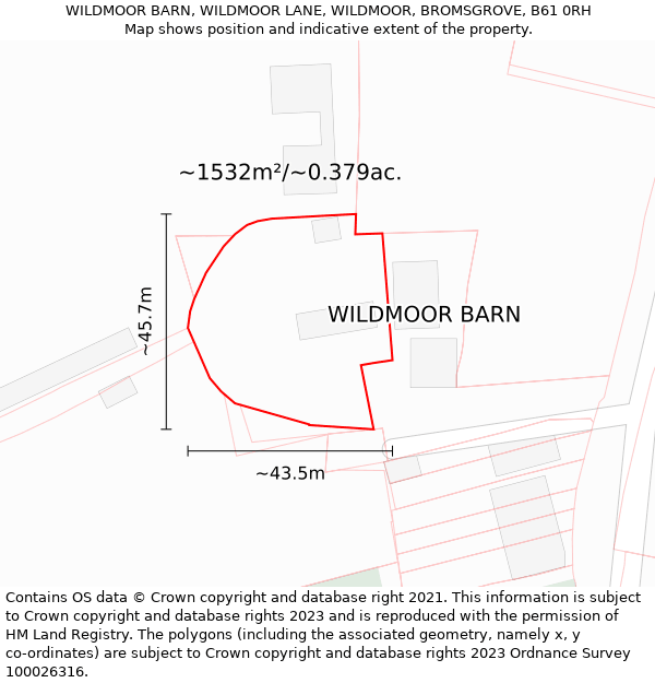WILDMOOR BARN, WILDMOOR LANE, WILDMOOR, BROMSGROVE, B61 0RH: Plot and title map