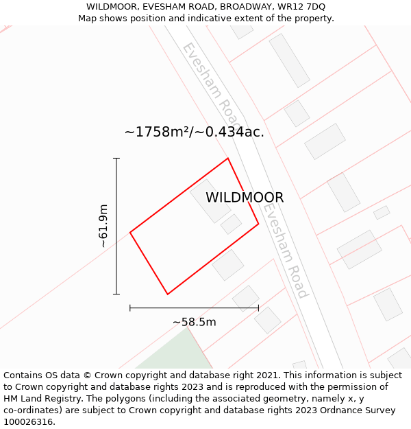 WILDMOOR, EVESHAM ROAD, BROADWAY, WR12 7DQ: Plot and title map