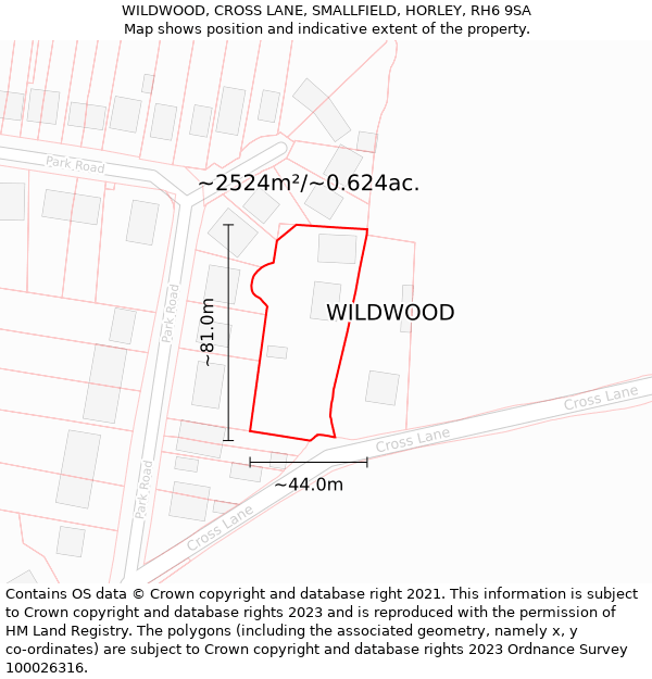 WILDWOOD, CROSS LANE, SMALLFIELD, HORLEY, RH6 9SA: Plot and title map
