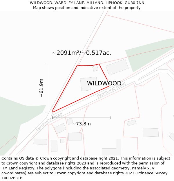 WILDWOOD, WARDLEY LANE, MILLAND, LIPHOOK, GU30 7NN: Plot and title map