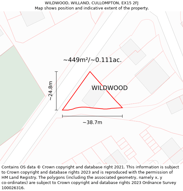 WILDWOOD, WILLAND, CULLOMPTON, EX15 2FJ: Plot and title map