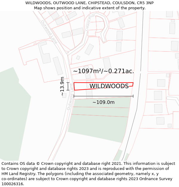 WILDWOODS, OUTWOOD LANE, CHIPSTEAD, COULSDON, CR5 3NP: Plot and title map