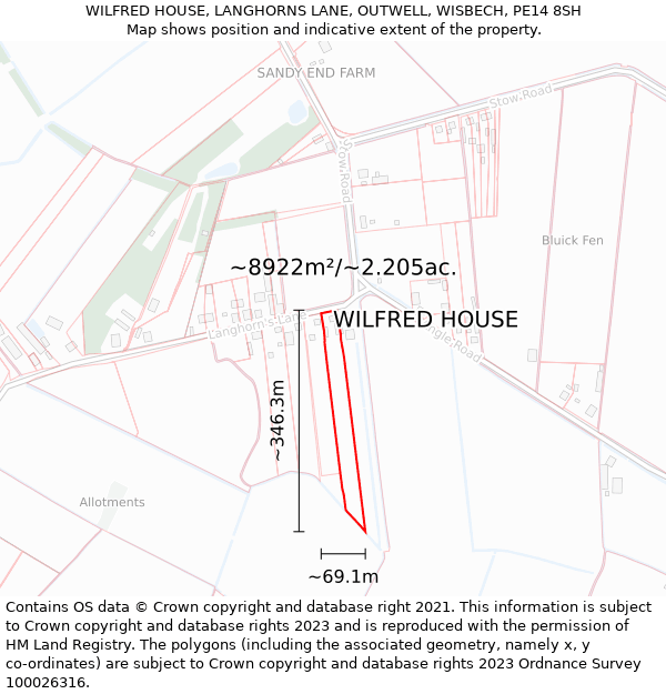 WILFRED HOUSE, LANGHORNS LANE, OUTWELL, WISBECH, PE14 8SH: Plot and title map