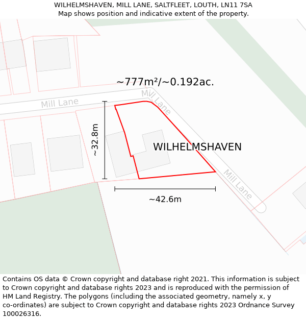 WILHELMSHAVEN, MILL LANE, SALTFLEET, LOUTH, LN11 7SA: Plot and title map