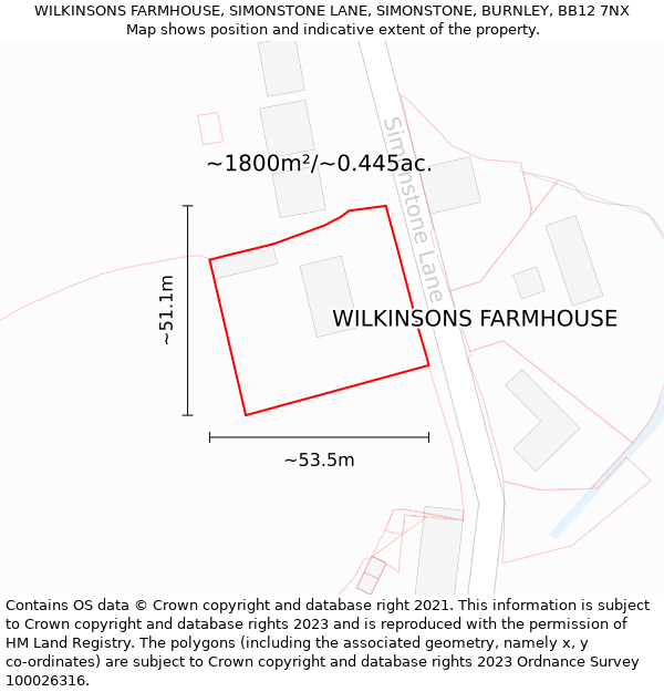 WILKINSONS FARMHOUSE, SIMONSTONE LANE, SIMONSTONE, BURNLEY, BB12 7NX: Plot and title map