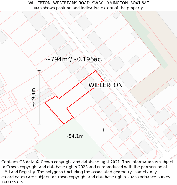 WILLERTON, WESTBEAMS ROAD, SWAY, LYMINGTON, SO41 6AE: Plot and title map