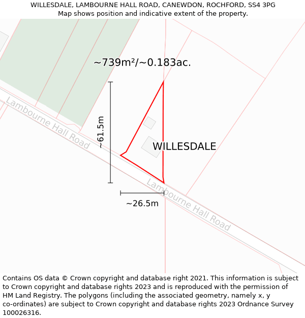 WILLESDALE, LAMBOURNE HALL ROAD, CANEWDON, ROCHFORD, SS4 3PG: Plot and title map