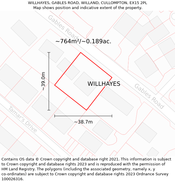 WILLHAYES, GABLES ROAD, WILLAND, CULLOMPTON, EX15 2PL: Plot and title map