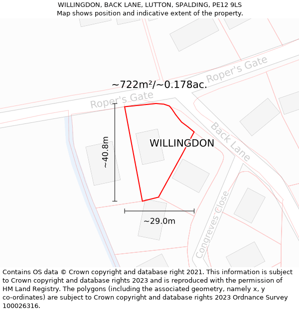 WILLINGDON, BACK LANE, LUTTON, SPALDING, PE12 9LS: Plot and title map