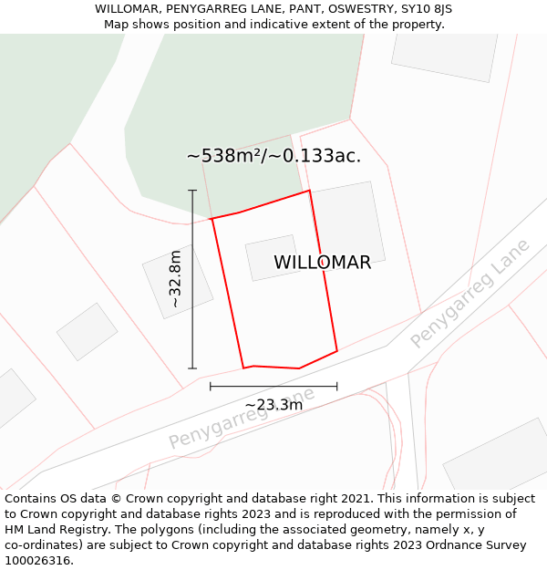 WILLOMAR, PENYGARREG LANE, PANT, OSWESTRY, SY10 8JS: Plot and title map