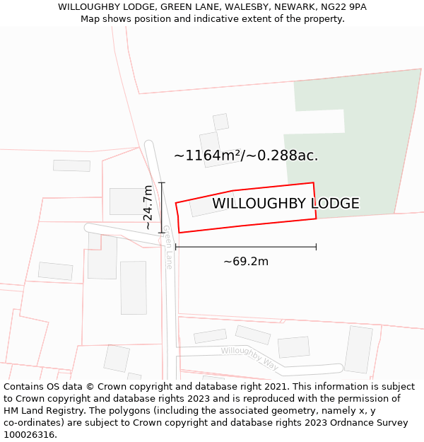 WILLOUGHBY LODGE, GREEN LANE, WALESBY, NEWARK, NG22 9PA: Plot and title map