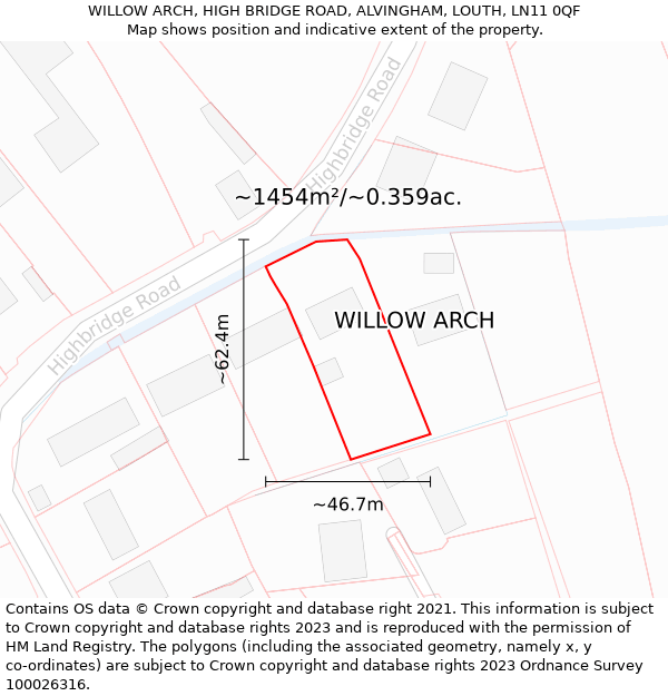 WILLOW ARCH, HIGH BRIDGE ROAD, ALVINGHAM, LOUTH, LN11 0QF: Plot and title map