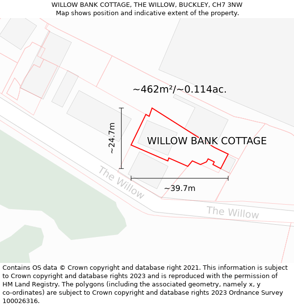 WILLOW BANK COTTAGE, THE WILLOW, BUCKLEY, CH7 3NW: Plot and title map