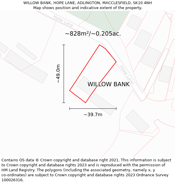 WILLOW BANK, HOPE LANE, ADLINGTON, MACCLESFIELD, SK10 4NH: Plot and title map