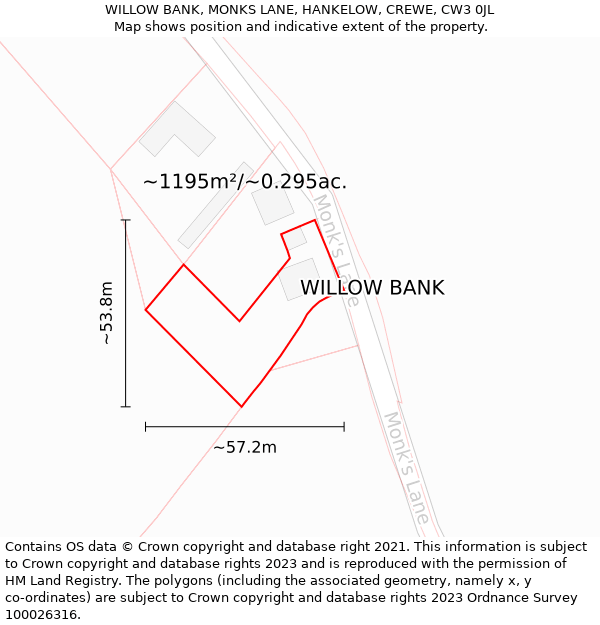 WILLOW BANK, MONKS LANE, HANKELOW, CREWE, CW3 0JL: Plot and title map