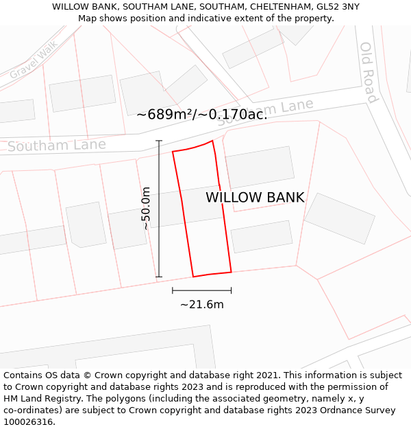 WILLOW BANK, SOUTHAM LANE, SOUTHAM, CHELTENHAM, GL52 3NY: Plot and title map