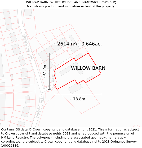 WILLOW BARN, WHITEHOUSE LANE, NANTWICH, CW5 6HQ: Plot and title map