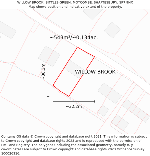 WILLOW BROOK, BITTLES GREEN, MOTCOMBE, SHAFTESBURY, SP7 9NX: Plot and title map