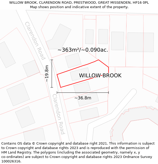 WILLOW BROOK, CLARENDON ROAD, PRESTWOOD, GREAT MISSENDEN, HP16 0PL: Plot and title map