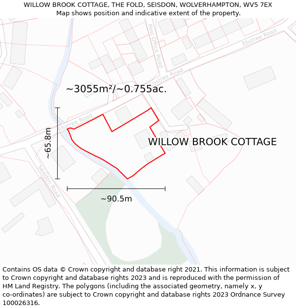 WILLOW BROOK COTTAGE, THE FOLD, SEISDON, WOLVERHAMPTON, WV5 7EX: Plot and title map