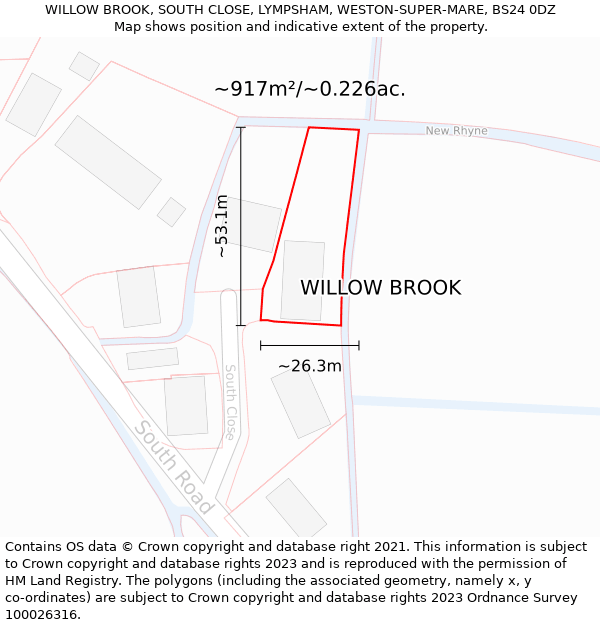 WILLOW BROOK, SOUTH CLOSE, LYMPSHAM, WESTON-SUPER-MARE, BS24 0DZ: Plot and title map