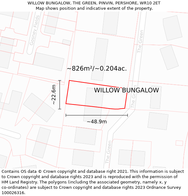 WILLOW BUNGALOW, THE GREEN, PINVIN, PERSHORE, WR10 2ET: Plot and title map