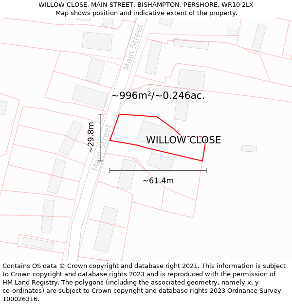 WILLOW CLOSE, MAIN STREET, BISHAMPTON, PERSHORE, WR10 2LX: Plot and title map