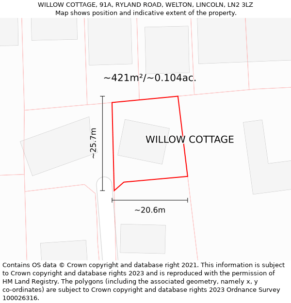 WILLOW COTTAGE, 91A, RYLAND ROAD, WELTON, LINCOLN, LN2 3LZ: Plot and title map