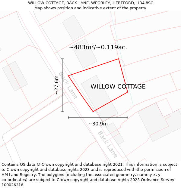 WILLOW COTTAGE, BACK LANE, WEOBLEY, HEREFORD, HR4 8SG: Plot and title map