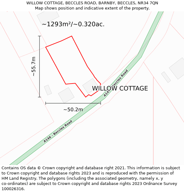WILLOW COTTAGE, BECCLES ROAD, BARNBY, BECCLES, NR34 7QN: Plot and title map
