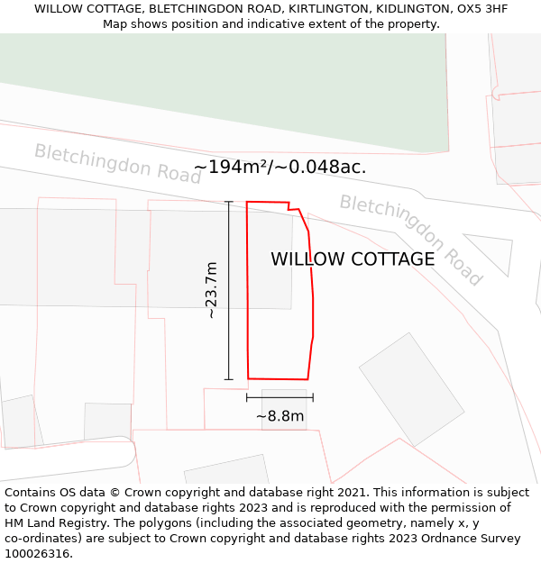 WILLOW COTTAGE, BLETCHINGDON ROAD, KIRTLINGTON, KIDLINGTON, OX5 3HF: Plot and title map