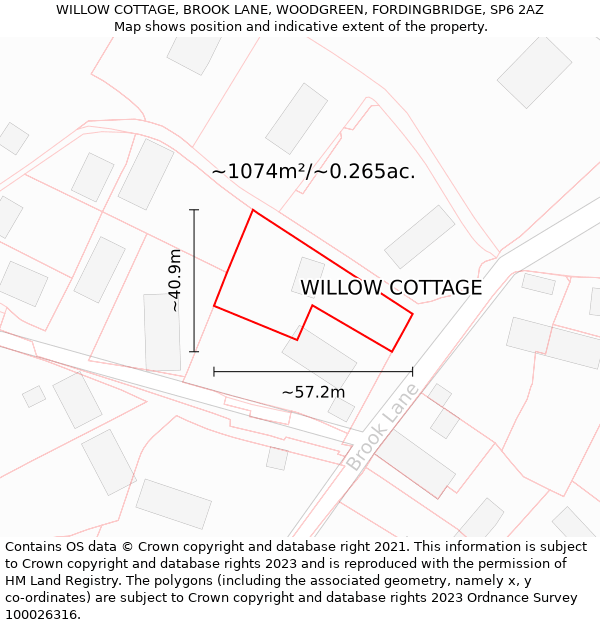 WILLOW COTTAGE, BROOK LANE, WOODGREEN, FORDINGBRIDGE, SP6 2AZ: Plot and title map