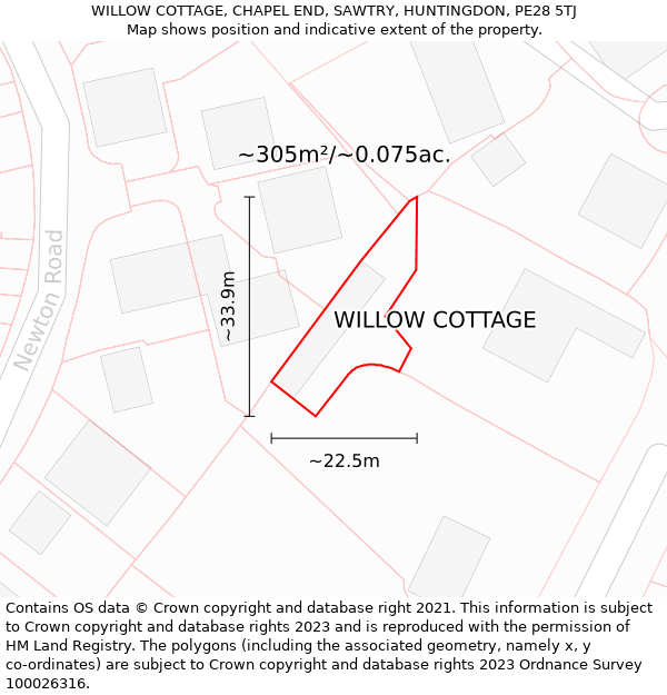 WILLOW COTTAGE, CHAPEL END, SAWTRY, HUNTINGDON, PE28 5TJ: Plot and title map