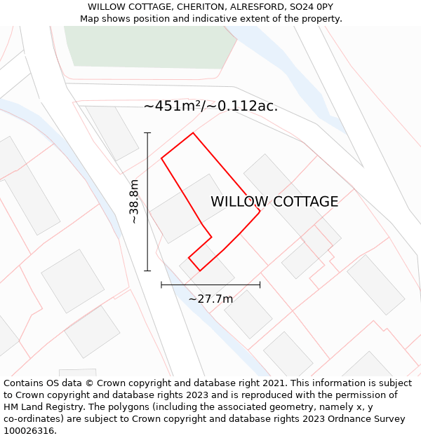 WILLOW COTTAGE, CHERITON, ALRESFORD, SO24 0PY: Plot and title map