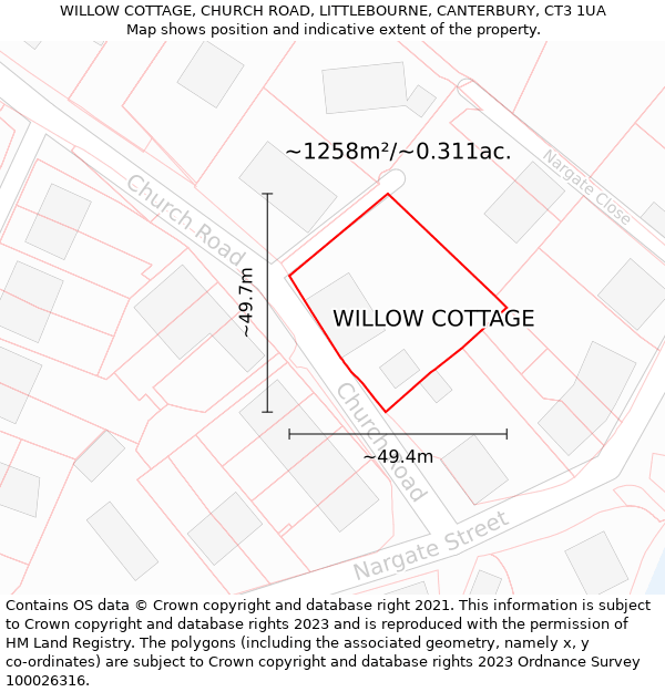 WILLOW COTTAGE, CHURCH ROAD, LITTLEBOURNE, CANTERBURY, CT3 1UA: Plot and title map