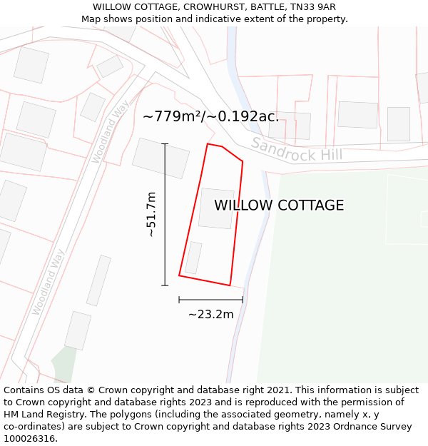 WILLOW COTTAGE, CROWHURST, BATTLE, TN33 9AR: Plot and title map