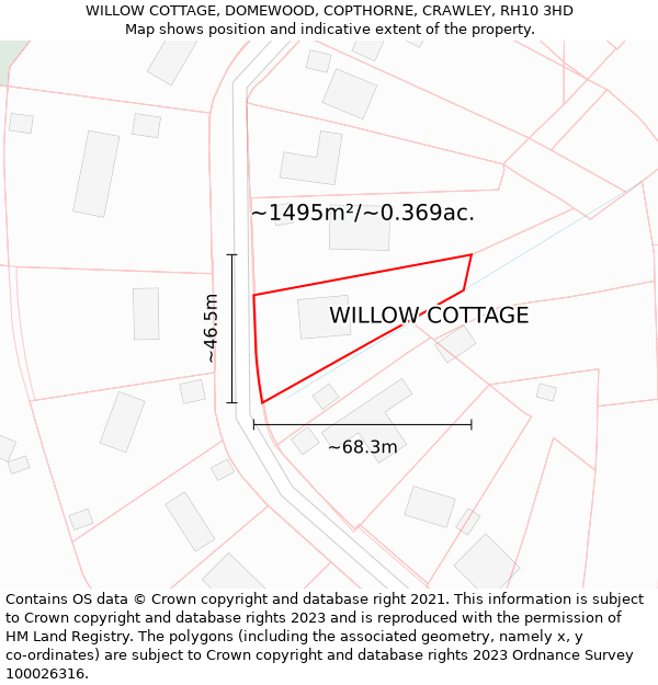 WILLOW COTTAGE, DOMEWOOD, COPTHORNE, CRAWLEY, RH10 3HD: Plot and title map