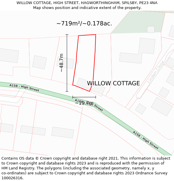 WILLOW COTTAGE, HIGH STREET, HAGWORTHINGHAM, SPILSBY, PE23 4NA: Plot and title map