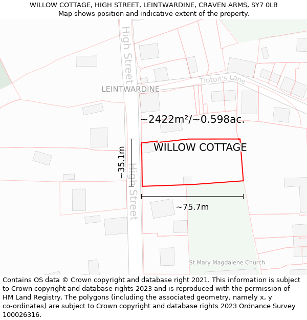 WILLOW COTTAGE, HIGH STREET, LEINTWARDINE, CRAVEN ARMS, SY7 0LB: Plot and title map