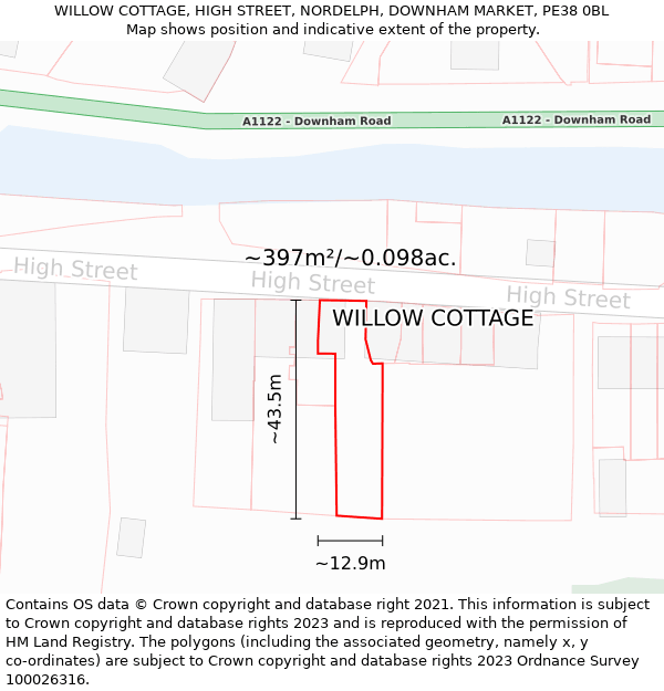 WILLOW COTTAGE, HIGH STREET, NORDELPH, DOWNHAM MARKET, PE38 0BL: Plot and title map