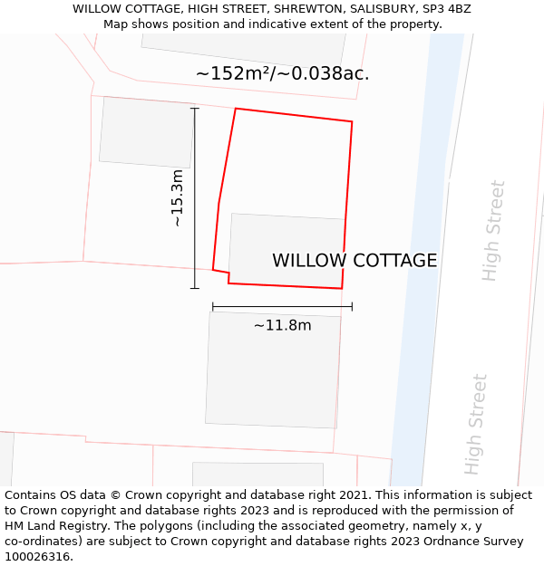 WILLOW COTTAGE, HIGH STREET, SHREWTON, SALISBURY, SP3 4BZ: Plot and title map