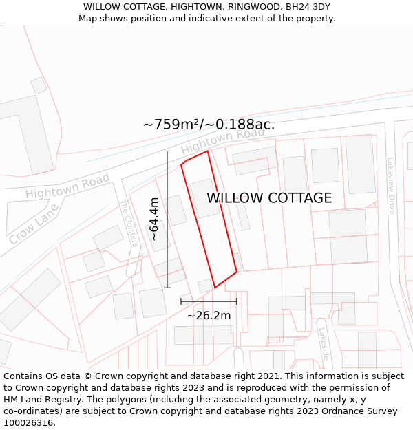 WILLOW COTTAGE, HIGHTOWN, RINGWOOD, BH24 3DY: Plot and title map