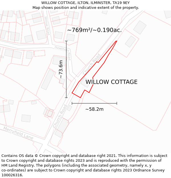 WILLOW COTTAGE, ILTON, ILMINSTER, TA19 9EY: Plot and title map