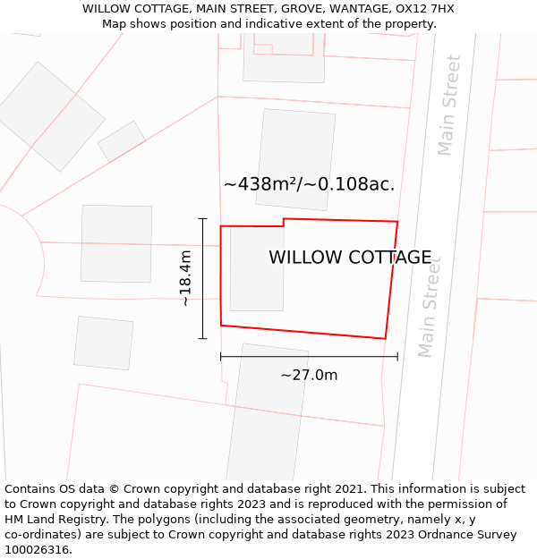WILLOW COTTAGE, MAIN STREET, GROVE, WANTAGE, OX12 7HX: Plot and title map