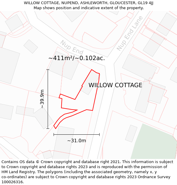 WILLOW COTTAGE, NUPEND, ASHLEWORTH, GLOUCESTER, GL19 4JJ: Plot and title map