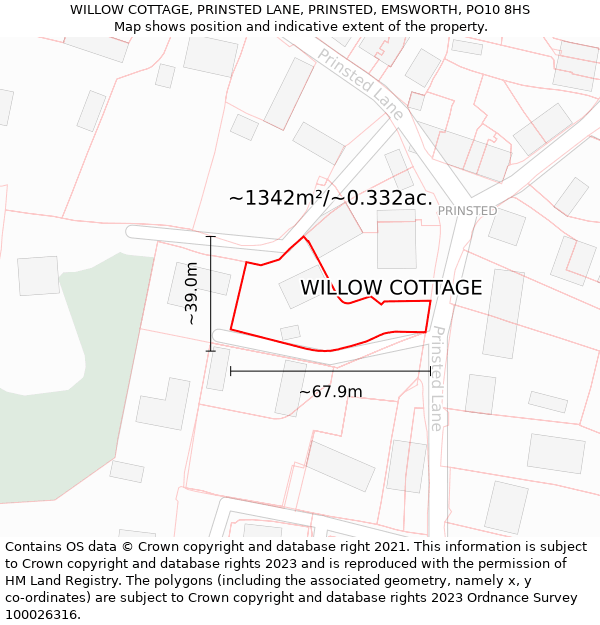 WILLOW COTTAGE, PRINSTED LANE, PRINSTED, EMSWORTH, PO10 8HS: Plot and title map