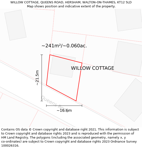 WILLOW COTTAGE, QUEENS ROAD, HERSHAM, WALTON-ON-THAMES, KT12 5LD: Plot and title map