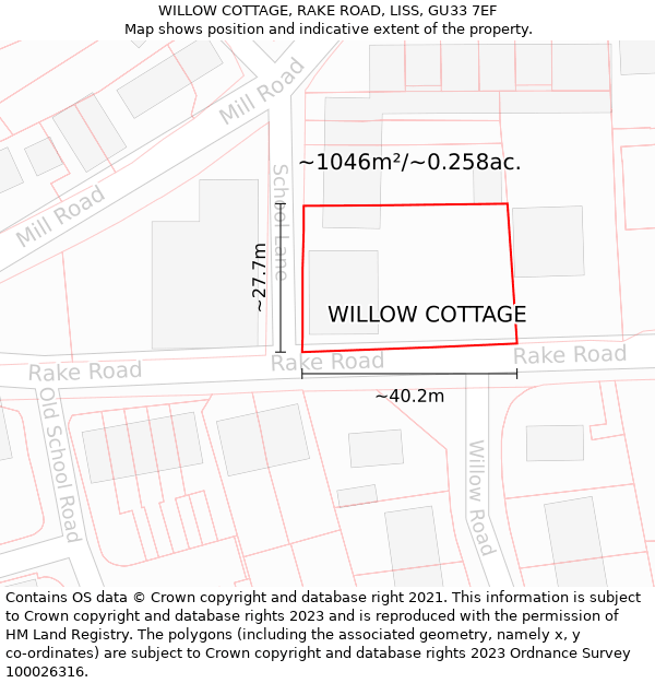 WILLOW COTTAGE, RAKE ROAD, LISS, GU33 7EF: Plot and title map