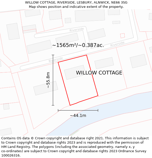 WILLOW COTTAGE, RIVERSIDE, LESBURY, ALNWICK, NE66 3SG: Plot and title map